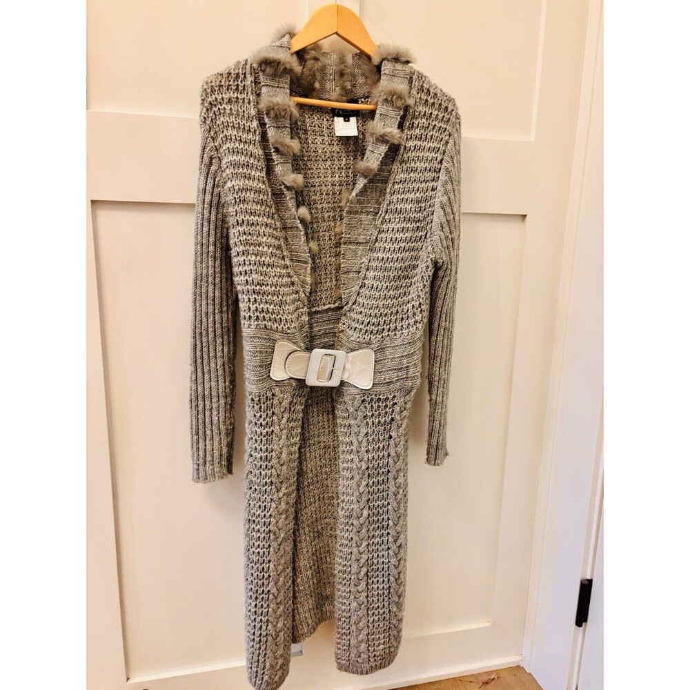 Womens Vintage Artex Fashion Gray Long Cardigan Sweater Dress Belted Size Medium
